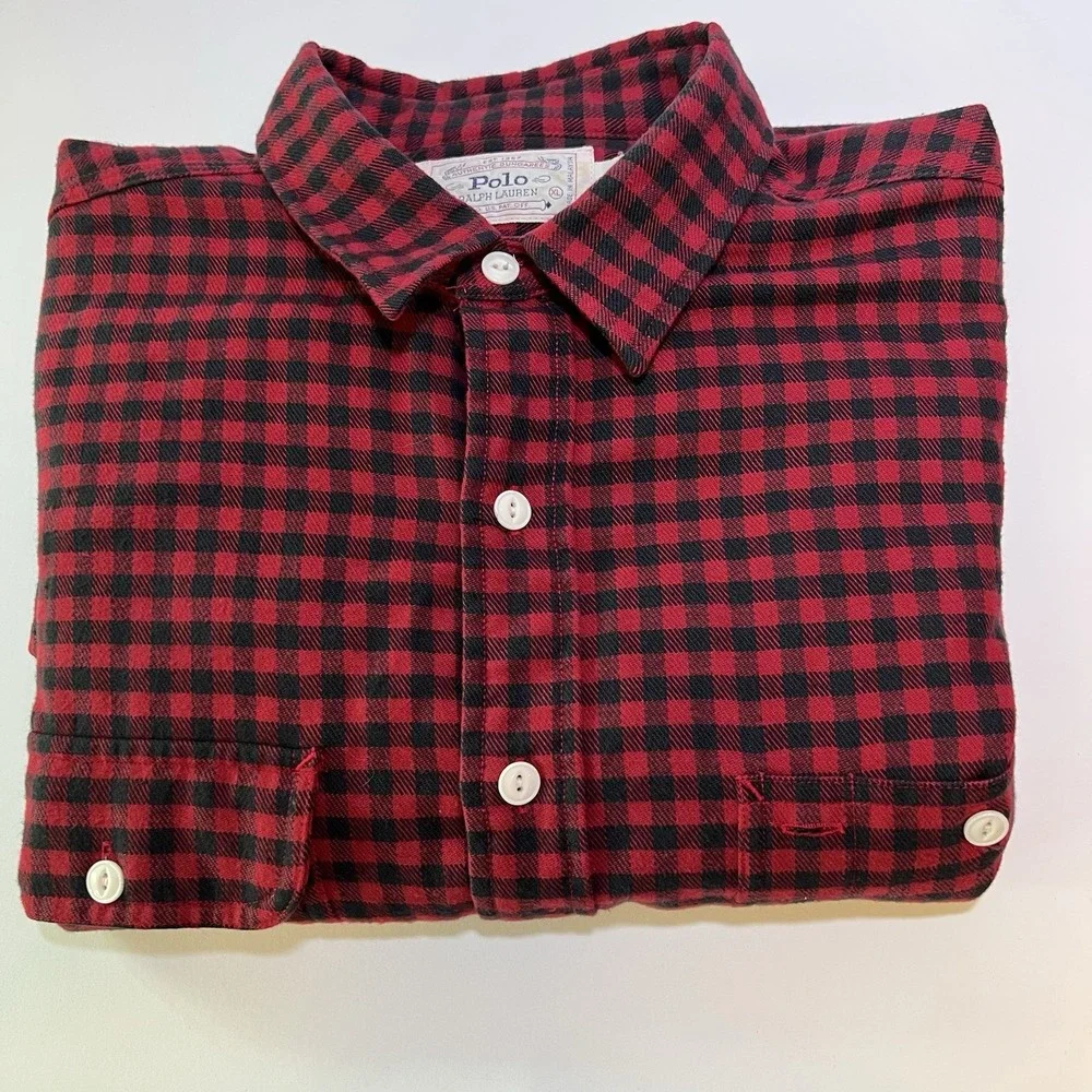 Polo Ralph Lauren Mens Red Black Checkered Plaid Long Sleeve Button Down Shirt